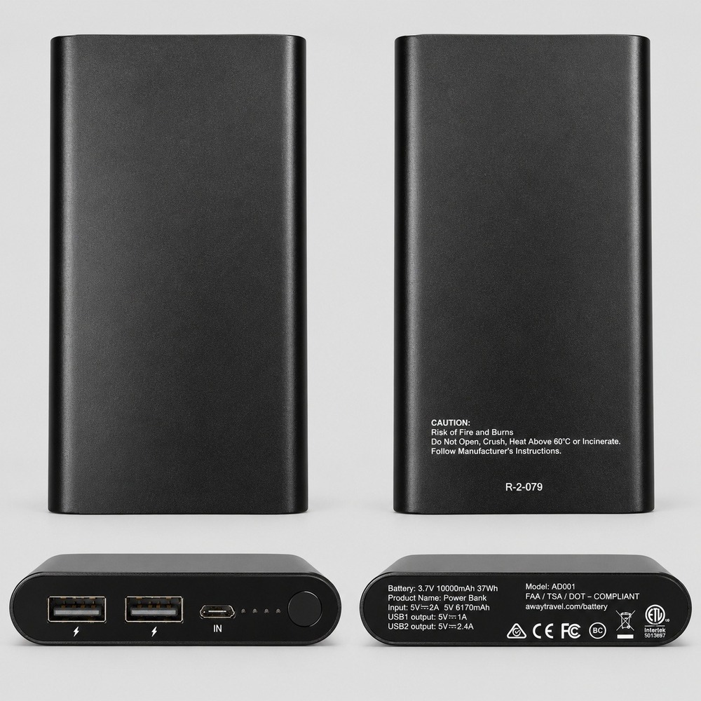 Away Travel Power Bank AD001 10000mAh Black Portable Charger FAA TSA Compliant